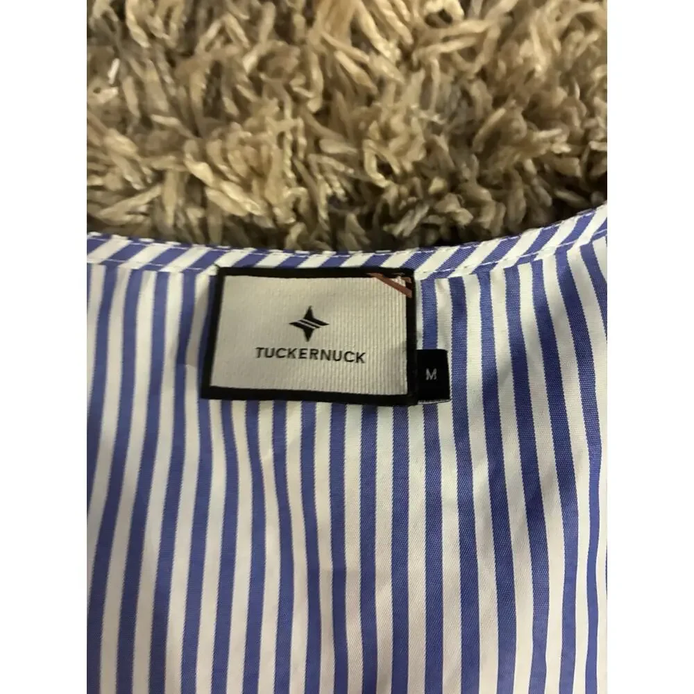Tuckernuck Womens Blue Stripe Easton Blouse V-Neck Smocked Wrists Size M Preppy